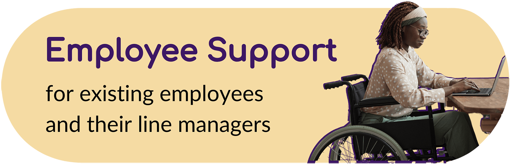 Label reads 'Employee Support for existing employees and their line maangers', next to a photo of a person sat in a wheelchair at their desk.